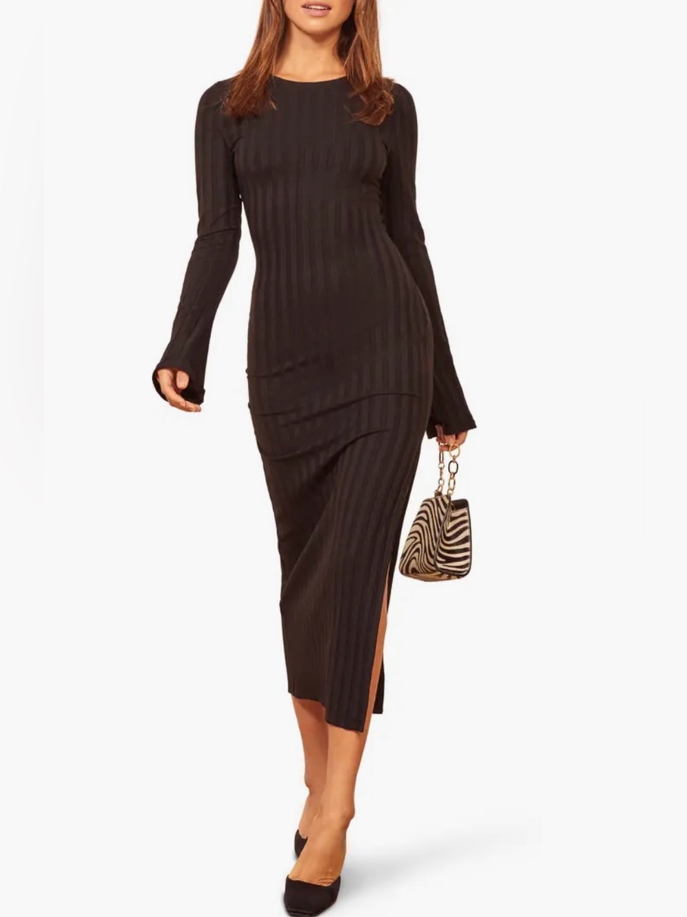 Reformation Dillon Ribbed Long Sleeve Midi Dress Medium